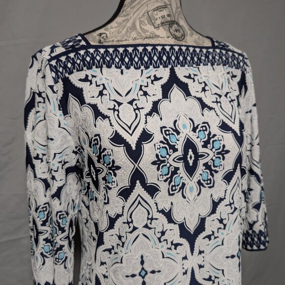 Studio One Women's Navy Blue White Printed Shift Boho Chic Dress Size Medium - Picture 2 of 9